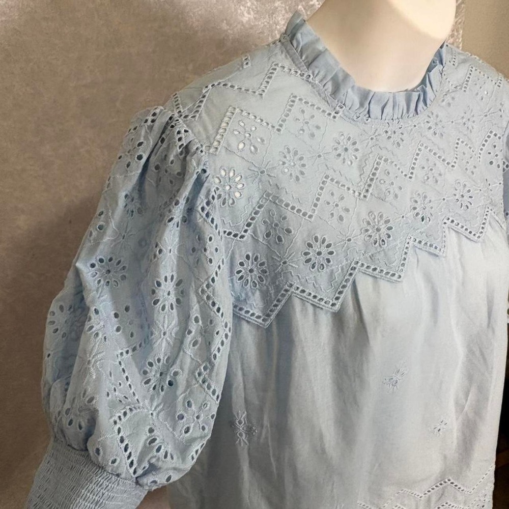 Baby Blue Cotton‎ Eyelet Puff Sleeve Cottagecore Prairie Fairycore Romantic Top - Picture 3 of 8